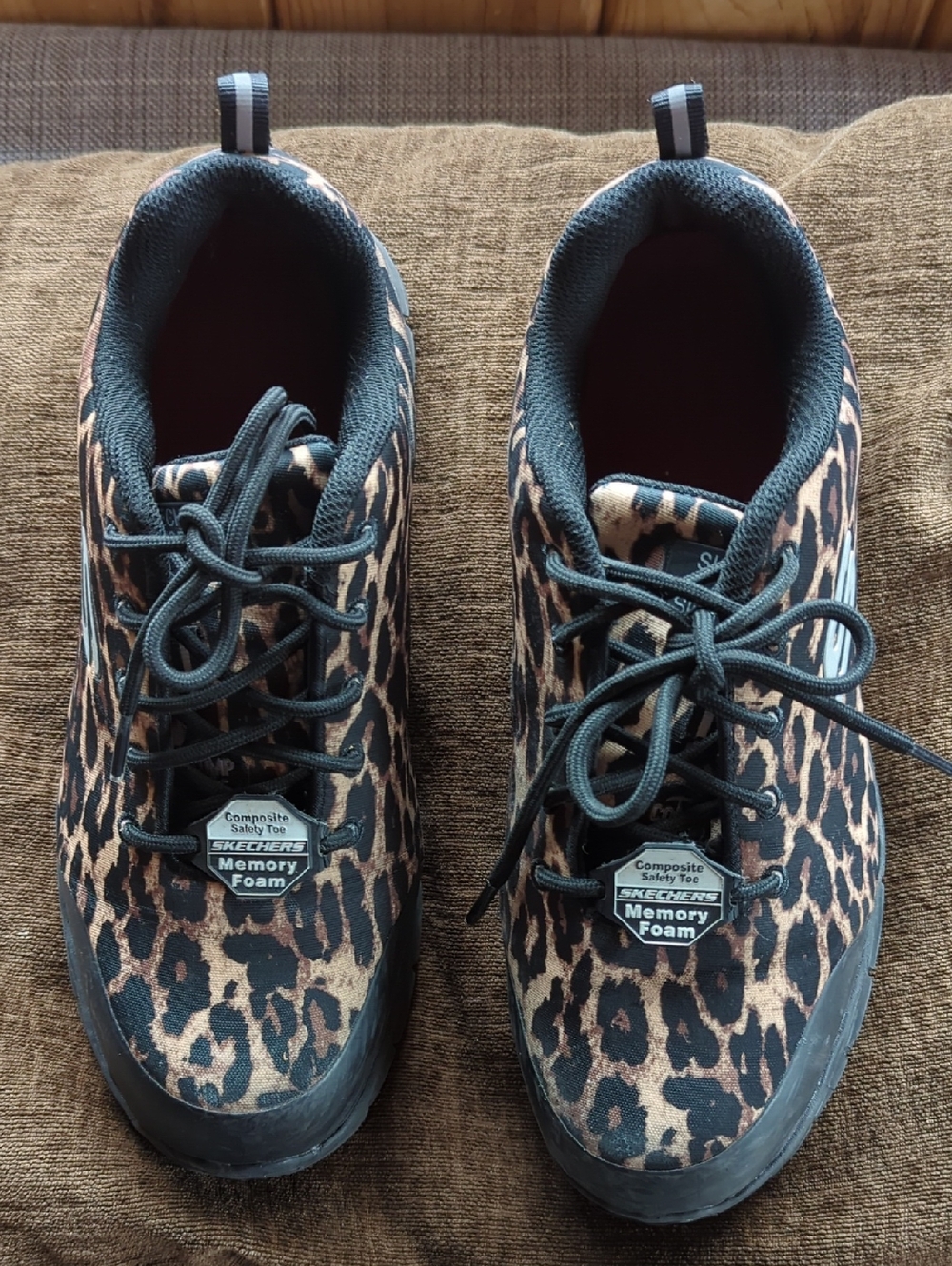 Skechers Leopard Print Memory Foam Lace-Up Sneakers - Black/Tan Size 9